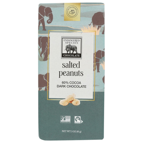 Endangered Species Chocolate ,  60% Dark Chocolate With Salted Peanuts 3 Ounce,  Case of 12