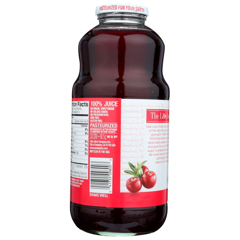L & A Juice Juice All Cranberry - 32 Fluid Ounce, Case of 6
