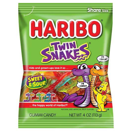 Haribo Confectionery twin Snakes 4 Ounce Size - 12 Per Case.