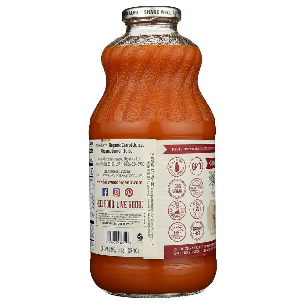 Lakewood Juice Carrot Pure Organic - 32 Fluid Ounce, Case of 6