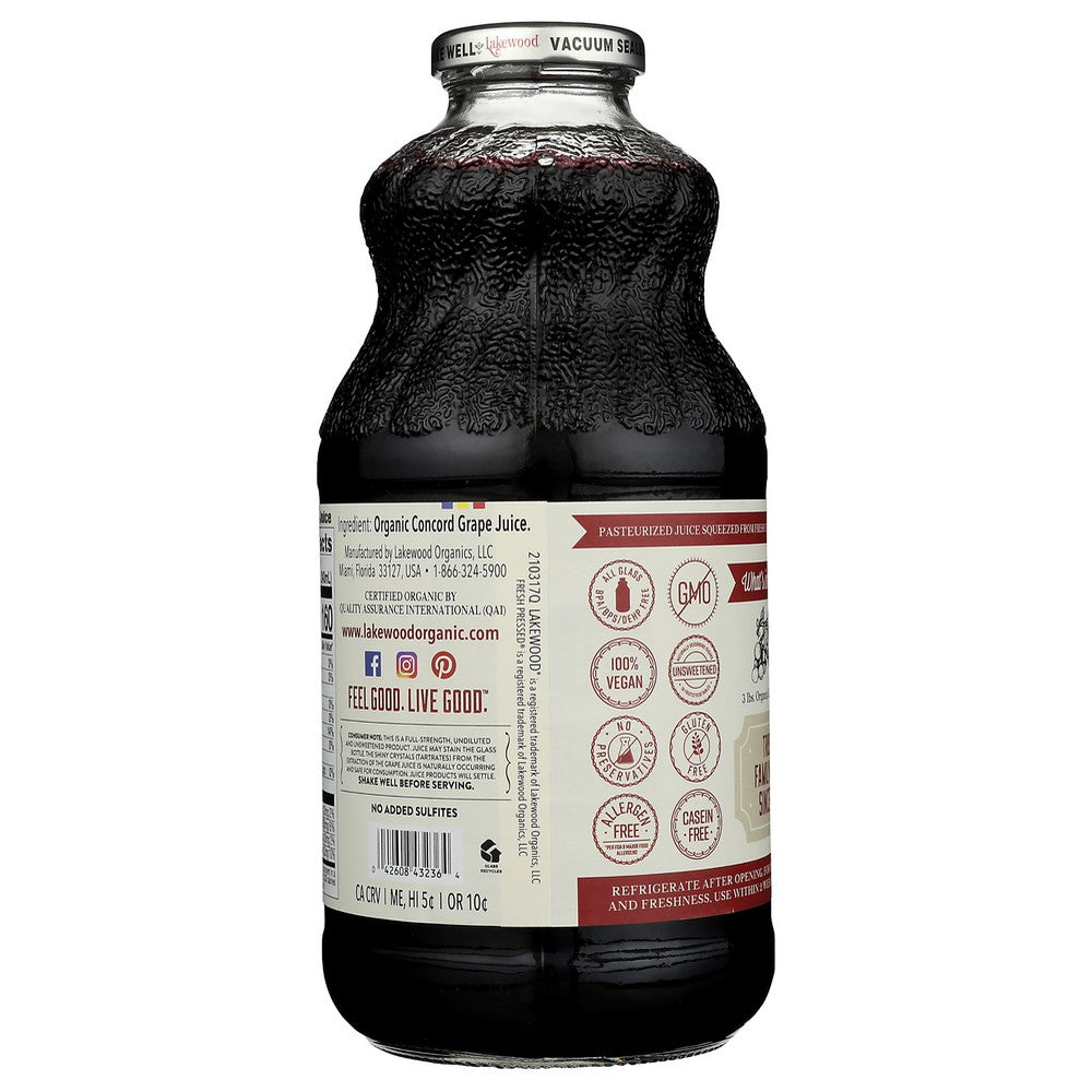 Lakewood Juice Grape Concord Organic - 32 Fluid Ounce, Case of 6