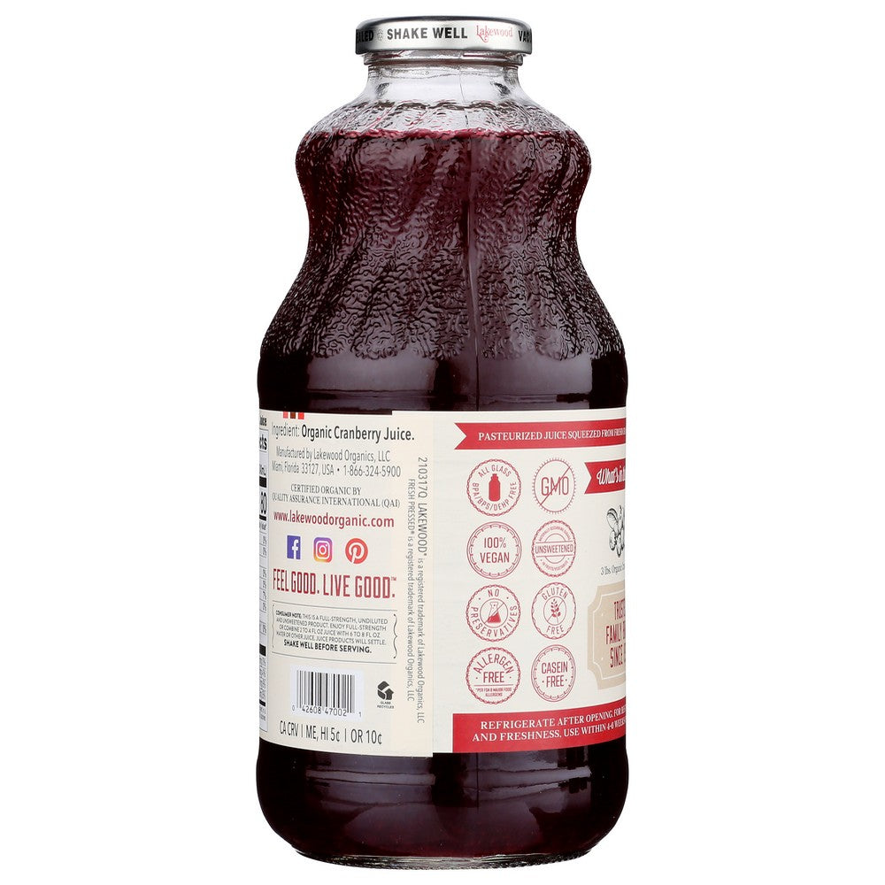 Lakewood Juice Cranberry Pure Organic - 32 Fluid Ounce, Case of 6