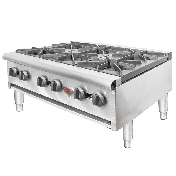Wells HDHP-3630G Hotplate, natural gas, countertop, (6) 26,500 BTU burners, cast iron grates, stainless steel