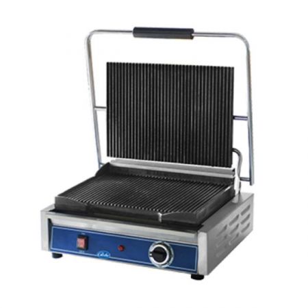 Globe GPG1410 Panini Grill, 14"x10", seasoned cast iron grooved griddle plates, stainless steel