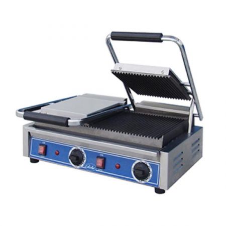 Globe GPGDUE10 Bistro Panini Grill, double, countertop, electric, cast iron grooved plates, 20" continuous