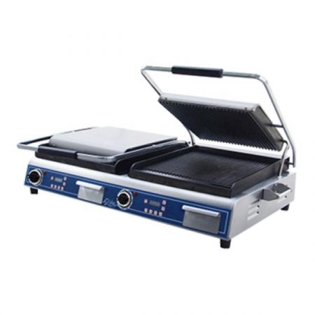 Globe GPGDUE14D Sandwich/Panini Grill, double, countertop, electric, cast iron grooved plates, (2) 14" grills