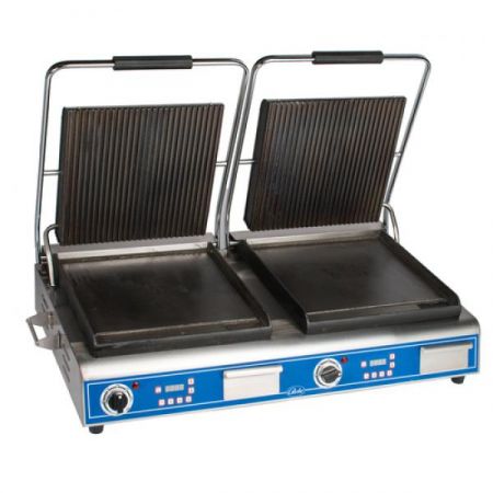 Globe GPGSDUE14D Sandwich/Panini Grill, double, countertop, electric, combination plate with cast iron grooved top