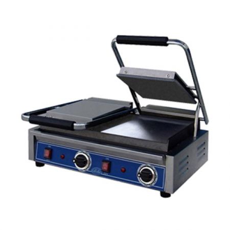 Globe GSGDUE10 Bistro Panini Grill, double, countertop, electric, cast iron smooth plates, 20" continuous