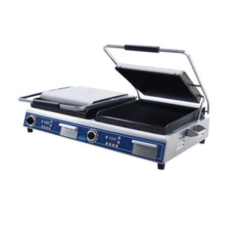 Globe GSGDUE14D Sandwich/Panini Grill, double, countertop, electric, cast iron smooth plates, (2) 14" grills