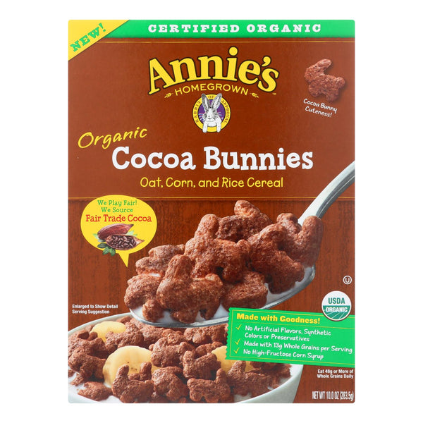 Annie's Homegrown Organic Cocoa Bunnies Oat with Corn and Rice Cereal - Case of 10 - 10 Ounce.