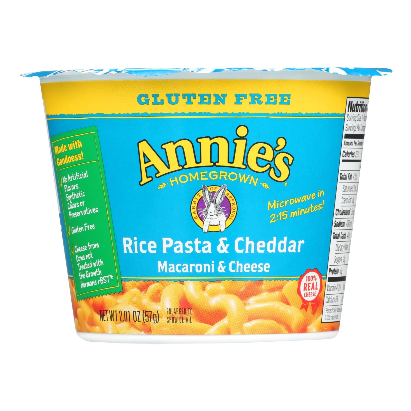 Annie's Homegrown Gluten Free Rice Pasta and Cheddar Microwavable Mac and Cheese Cup - Case of 12 - 2.01 Ounce.