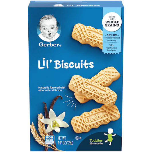Gerber Lil' Biscuits Vanilla Wheat Toddler Snacks 4.44 Ounce Size - 8 Per Case.