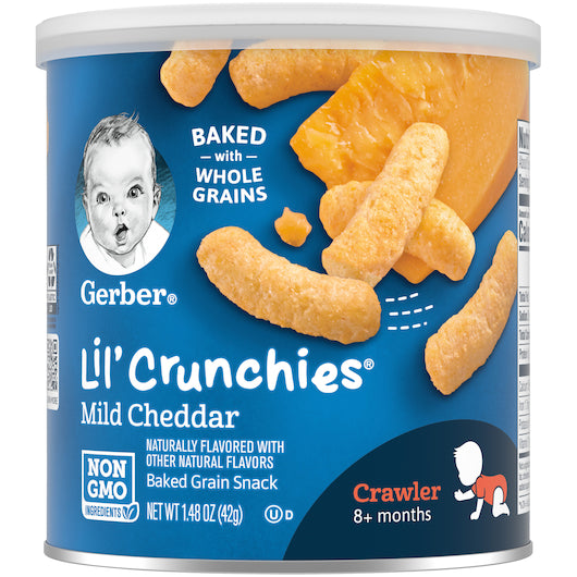 Gerber Lil' Crunchies Mild Cheddar Baked Grain Snack Baby Food 1.48 Ounce Size - 6 Per Case.