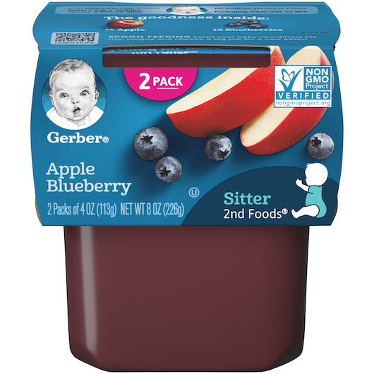 (2 pack of 4 Oz) Gerber 2nd Foods Apple Blueberry Baby Food 8 Ounce Size - 8 Per Case.