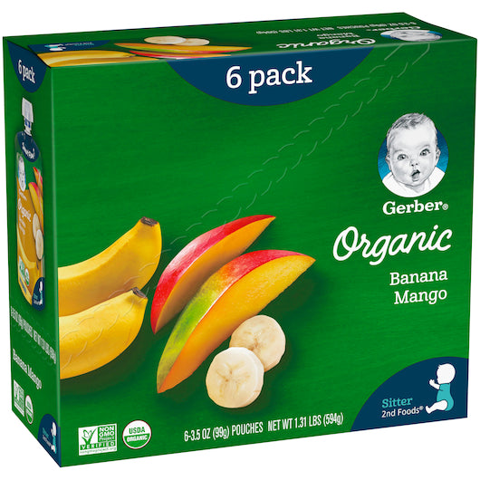 Gerber 2nd Foods Organic Banana Mango Baby Food Pouch, 3.5 Ounce Size, 6 Per Box - 2 Boxes Per Case.