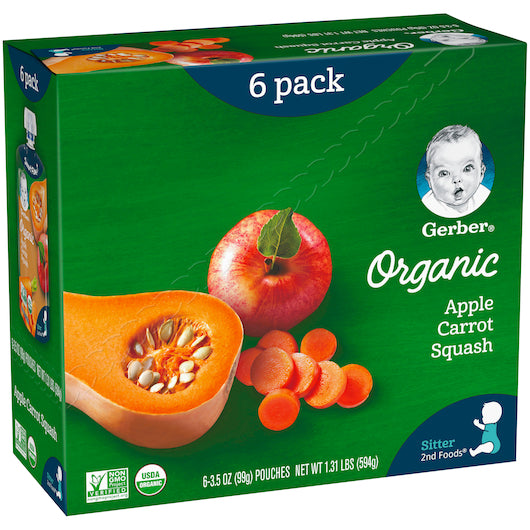 Gerber 2nd Foods Organic Apple Carrot Squash Baby Food Pouch, 3.5 Ounce Size, 6 Per Box - 2 Boxes Per Case.