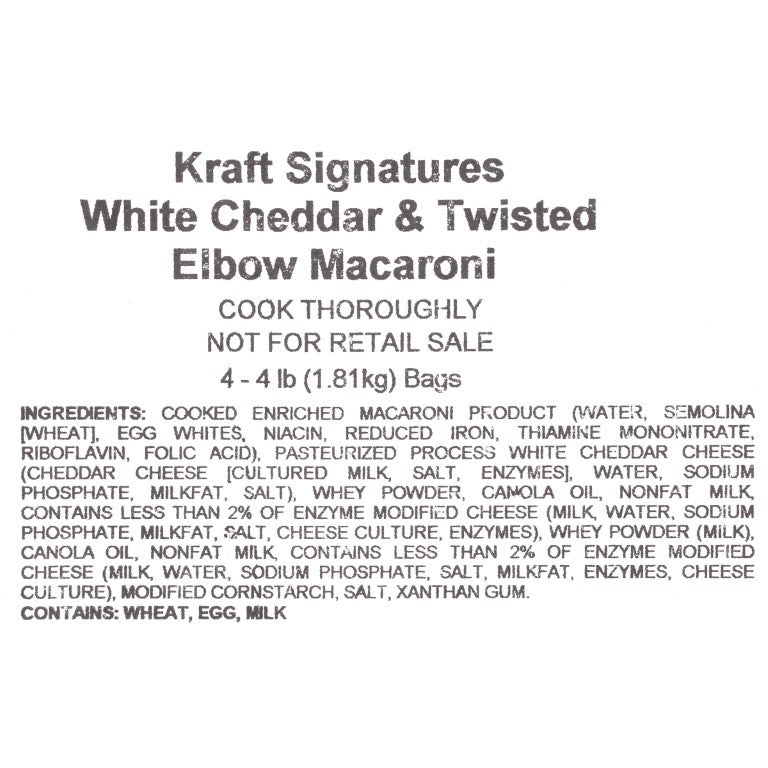KRAFT Signatures Bulk Frozen White Cheddar Macaroni & Cheese 4 lb. Bag 4 Per Case