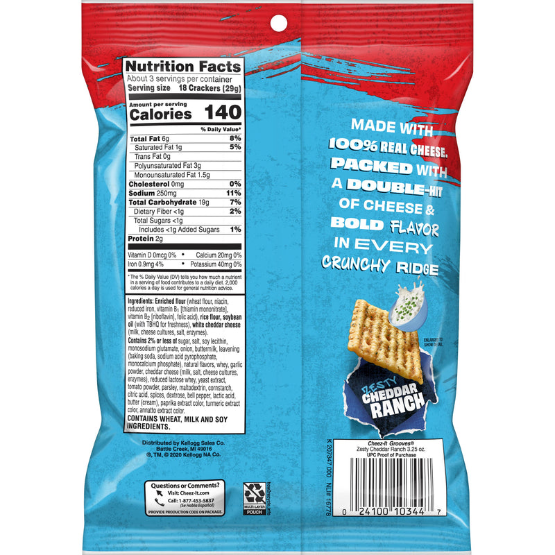 Kellogg's Cheez It Crackers Grooves Cheddar Ranch 3.25 Ounce Size - 6 Per Case.