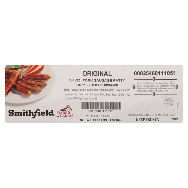 Sausage Patty Ember Farms Fully Cooked Original Child Nutrition 10.61 Pound Each - 1 Per Case.