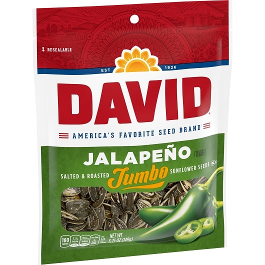 David Roasted And Salted Jalapeno Hot Salsa Jumbo Sunflower Seeds Pack 5.25 Ounce Size - 12 Per Case.