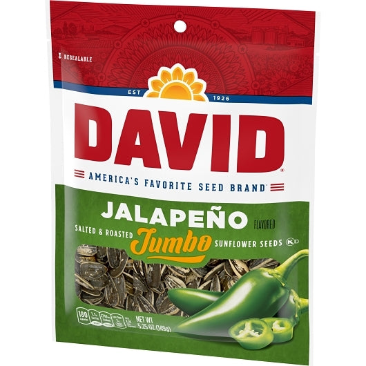 David Roasted And Salted Jalapeno Hot Salsa Jumbo Sunflower Seeds Pack 5.25 Ounce Size - 12 Per Case.