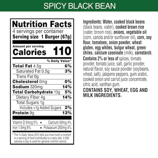 Morningstar Farms Veggie Burgers Spicy Black Bean 9.5 Ounce Size - 8 Per Case.