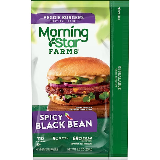 Morningstar Farms Veggie Burgers Spicy Black Bean 9.5 Ounce Size - 8 Per Case.