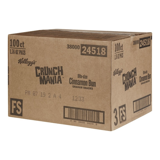 Kellogg's Crunchmania Bite Sized Cinnamon Bun Graham Snacks 1.76 Ounce Size - 100 Per Case.