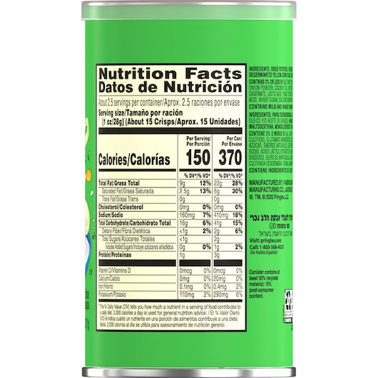 Pringles Grab & Go Sour Cream & Onion Potato Crisp, 2.5 Ounces - 12 Per Case.