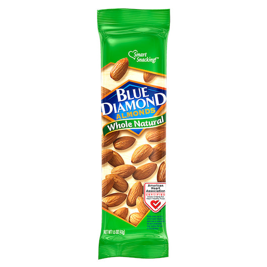 Blue Diamond Whole Natural Unsalted Almonds Tubes 1.5 Ounce Size - 144 Per Case.