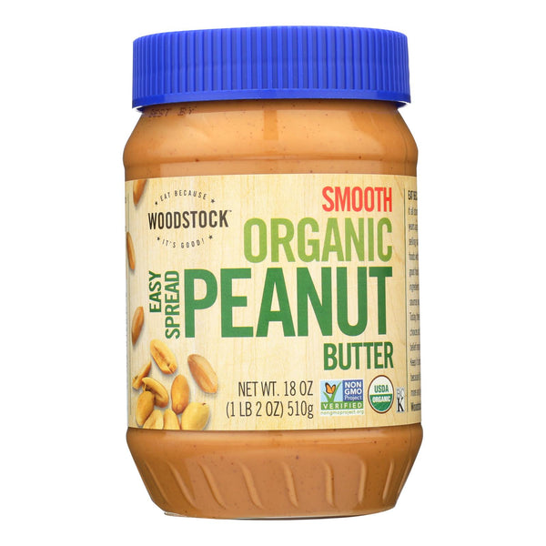 Woodstock Organic Easy Spread Peanut Butter - Smooth - Case of 12 - 18 Ounce.