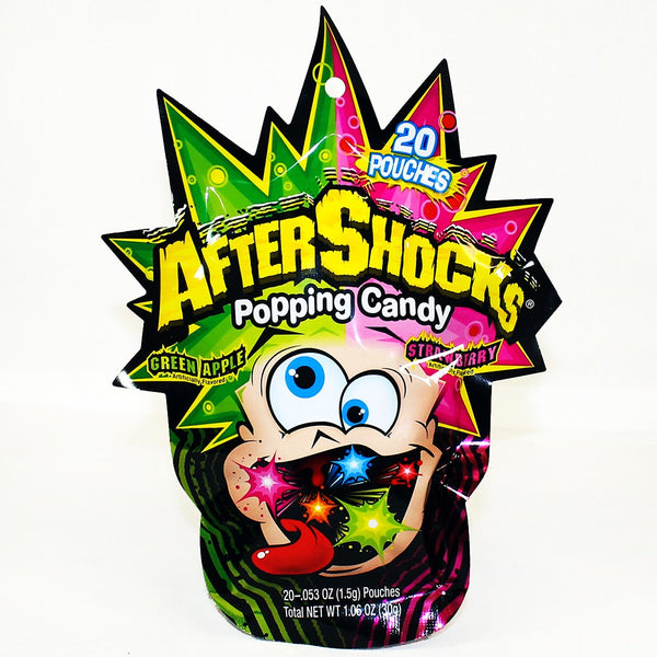Aftershocks Popping Candy Mixed Peg Bag Clip Strip Strawberry Green Apple 1.06 Ounce Size - 48 Per Case.