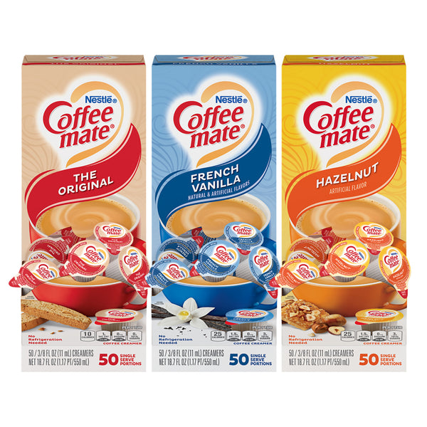 Coffee Mate Associated Variety French Vanilla Original And Hazelnut 1 Count Packs - 3 Per Case.