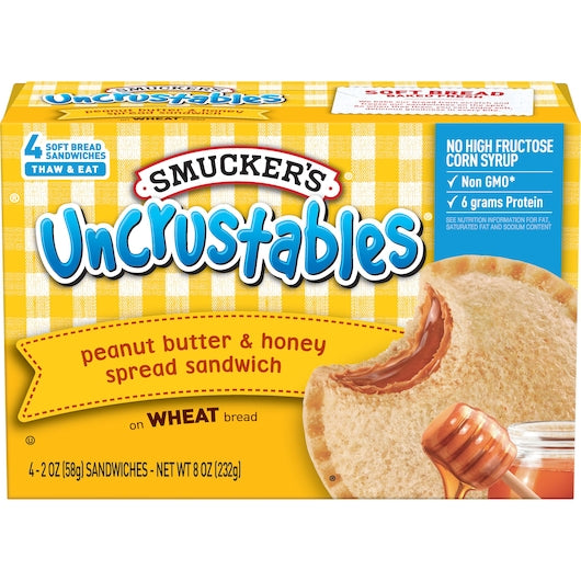 Smucker's Individually Wrapped Uncrustable Peanut Butter & Honey Wheat Bread Sandwich, 2 Ounce, 4 Per Box, 8 Per Case - Total 32.