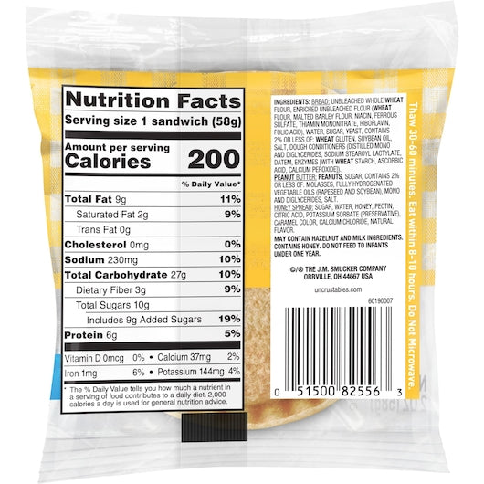 Smucker's Individually Wrapped Uncrustable Peanut Butter & Honey Wheat Bread Sandwich, 2 Ounce, 4 Per Box, 8 Per Case - Total 32.