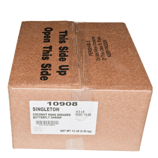 Singleton Seafood Shrimp Butterfly Coconut Breaded Clean Tail, 3 Pounds - 4 Per Case.