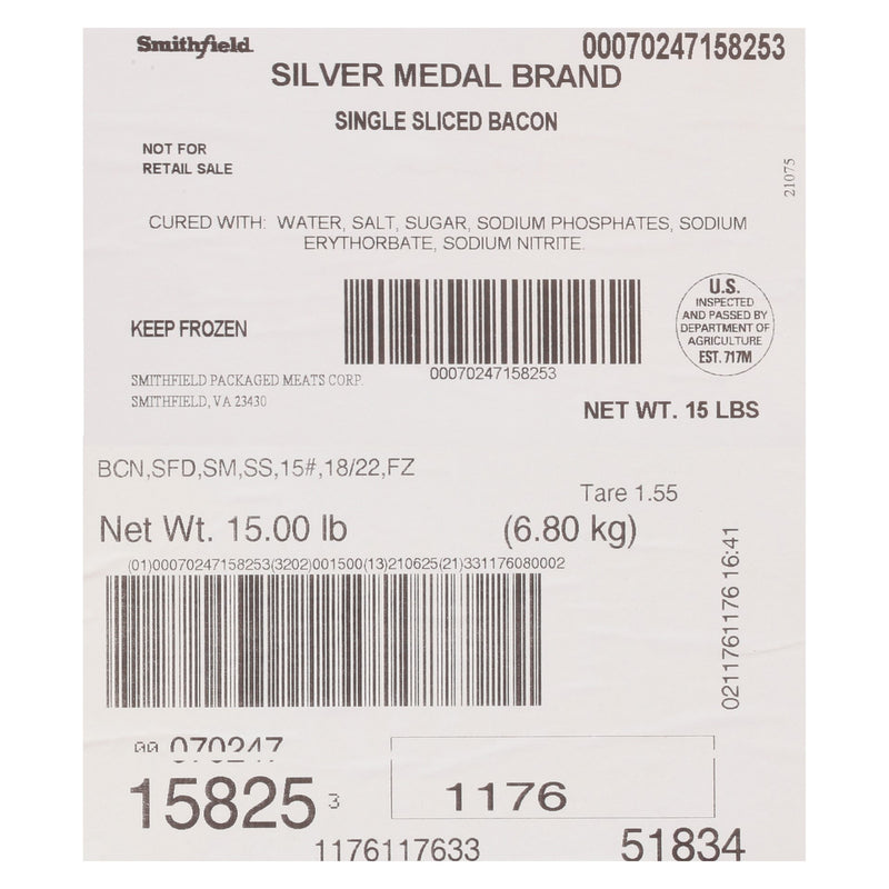 Smithfield Farmland Silver Medal Brand 18/22 Single Slice Bacon, 15 Pound Each - 1 Per Case.