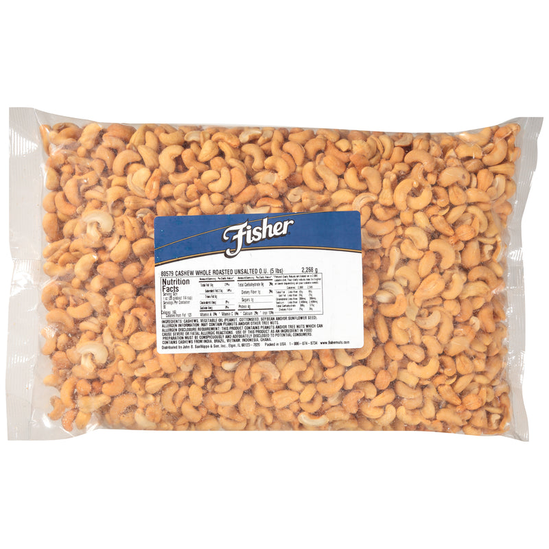 Fisher Roasted Whole Cashews No Salt 80 Ounce Size - 1 Per Case.