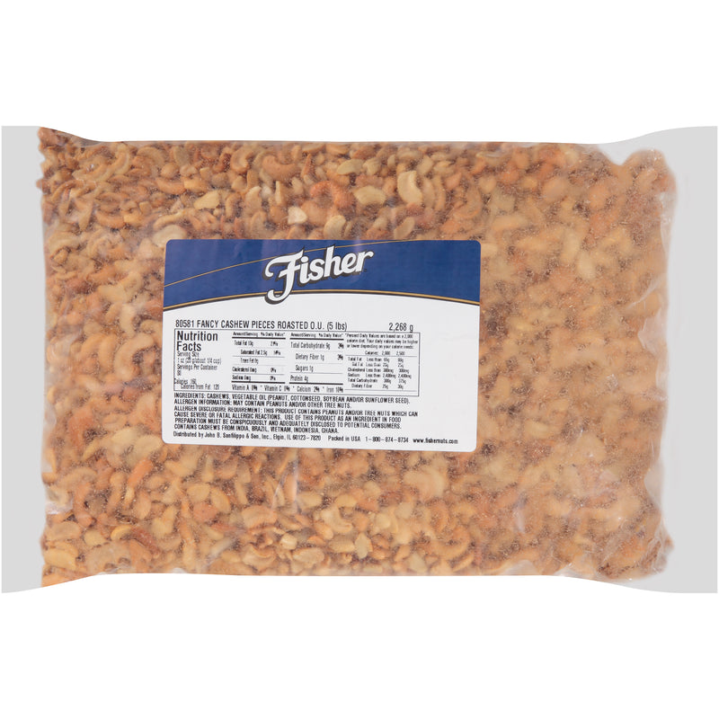 Fisher Roasted Cashews No Salt Large 5 Pound Each - 1 Per Case.