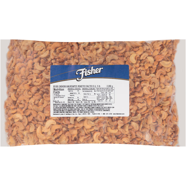 Fisher Roasted Cashew Halves And Pieces Sea Salt 5 Pound Each - 1 Per Case.