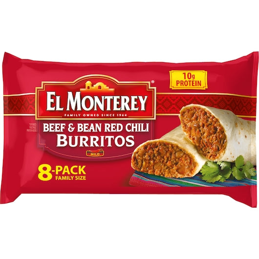 El Monterey Family Pack Beef & Bean Red Chili Burrito, 2 Pounds - 8 Per Case.