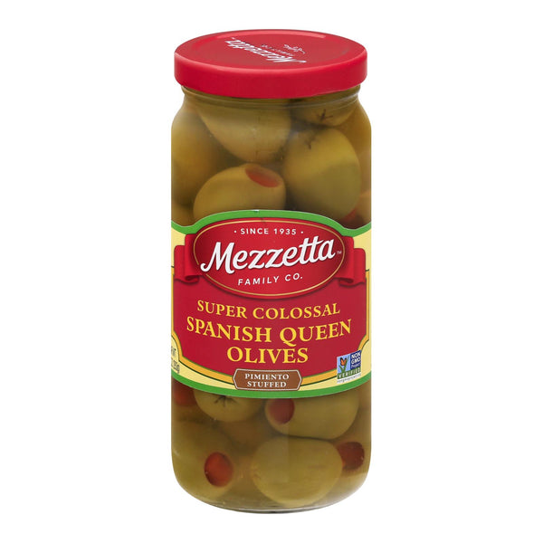 Mezzetta Super Colossal Pimiento Stuffed Spanish Queen Olives - Case of 6 - 10 Ounce.