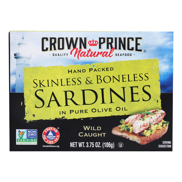 Crown Prince Skinless and Boneless Sardines In Pure Olive Oil - Case of 12 - 3.75 Ounce.