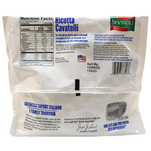 Seviroli Foods Pasta Ricotta Cavatelli 13 Ounce Size - 12 Per Case.