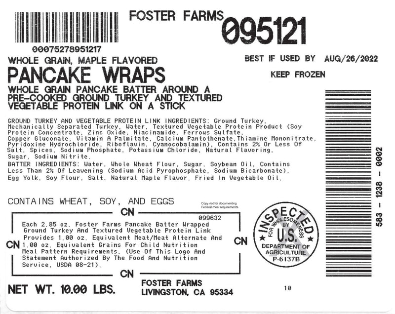 Foster Farms Whole Grain Maple Flavoredturkey Pancake Wraps® 3 Ounce Size - 56 Per Case.