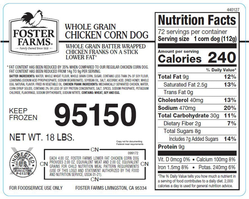 Foster Farms Whole Grain Lower Fat Chicken Corn Dog 4.25 Ounce Size - 72 Per Case.