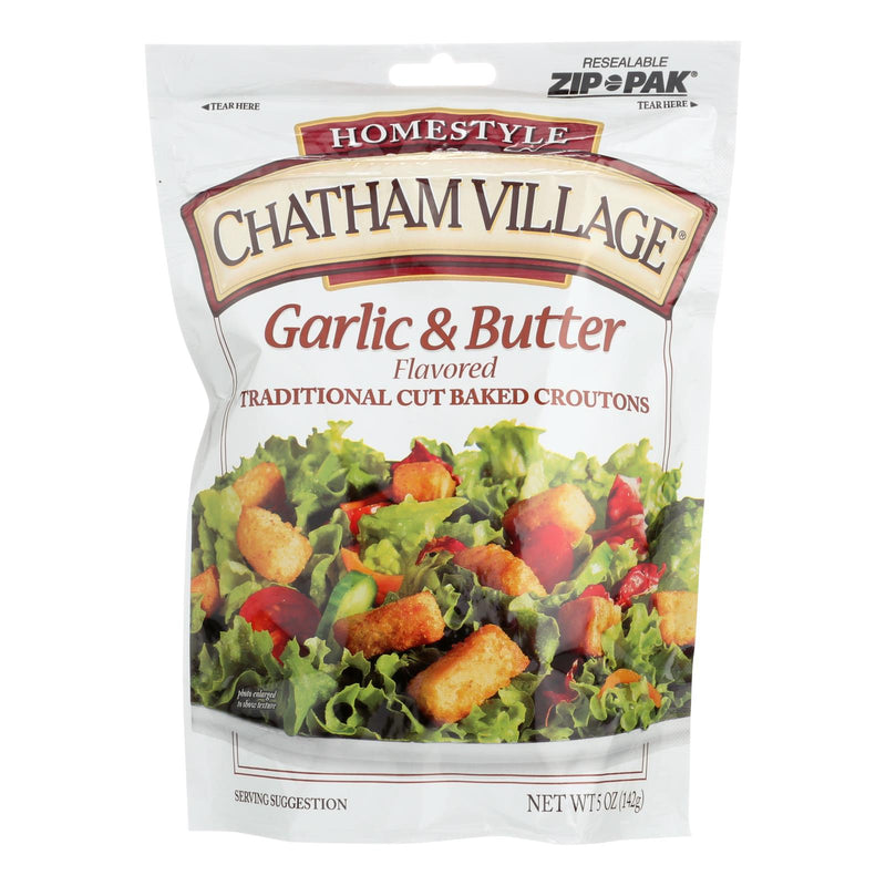 Chatham Village Traditional Cut Croutons - Garlic and Butter - Case of 12 - 5 Ounce.