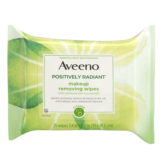 Aveeno Positively Radiant Makeup Removing Face Wipes 25 Count Packs - 6 Per Case.