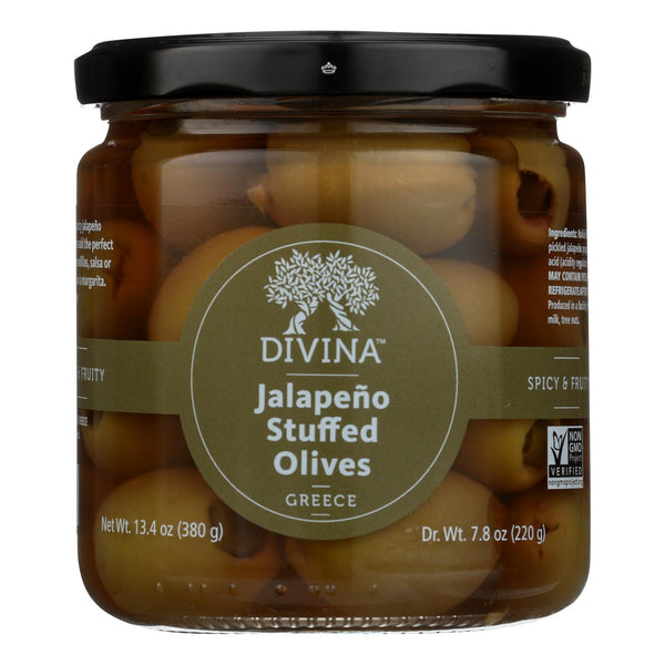 Divina - Green Olives Stuffed with Jalapeno Peppers - Case of 6 - 7.8 Ounce.