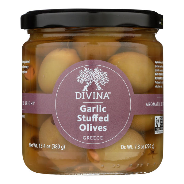 Divina - Green Olives Stuffed with Garlic - Case of 6 - 7.8 Ounce.